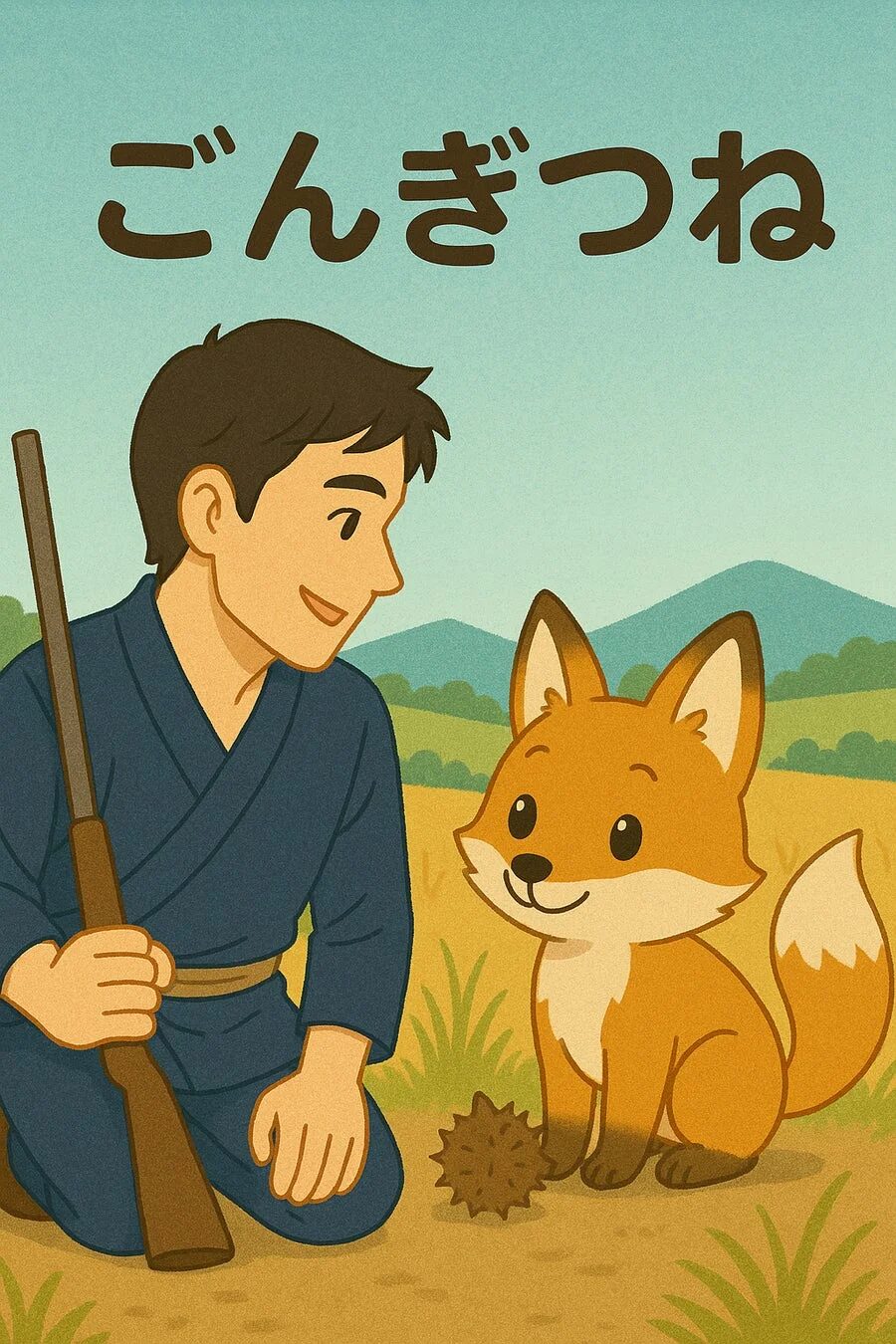 「ごんぎつね」の物語を思わせるイラストで、和服を着て銃を持つ少年が、小さなキツネと栗のようなものを見つめ合っています。背景には山と野原が広がっています。