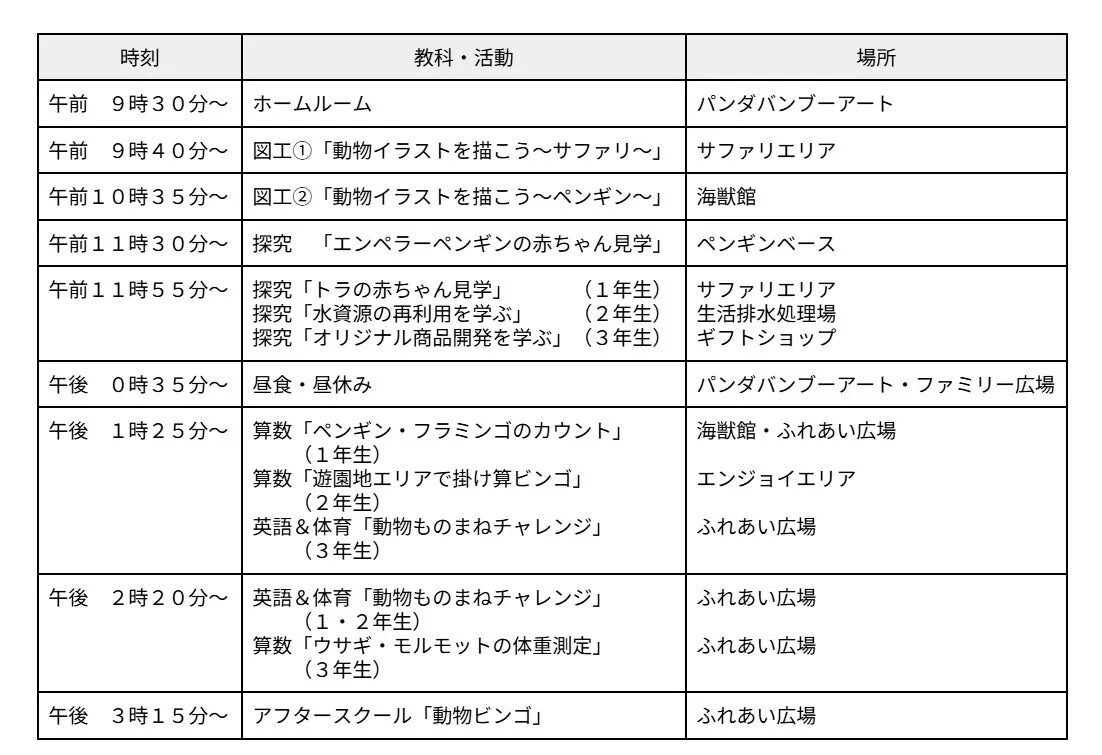 アドベンチャーワールドで学ぶDAYの時間割
