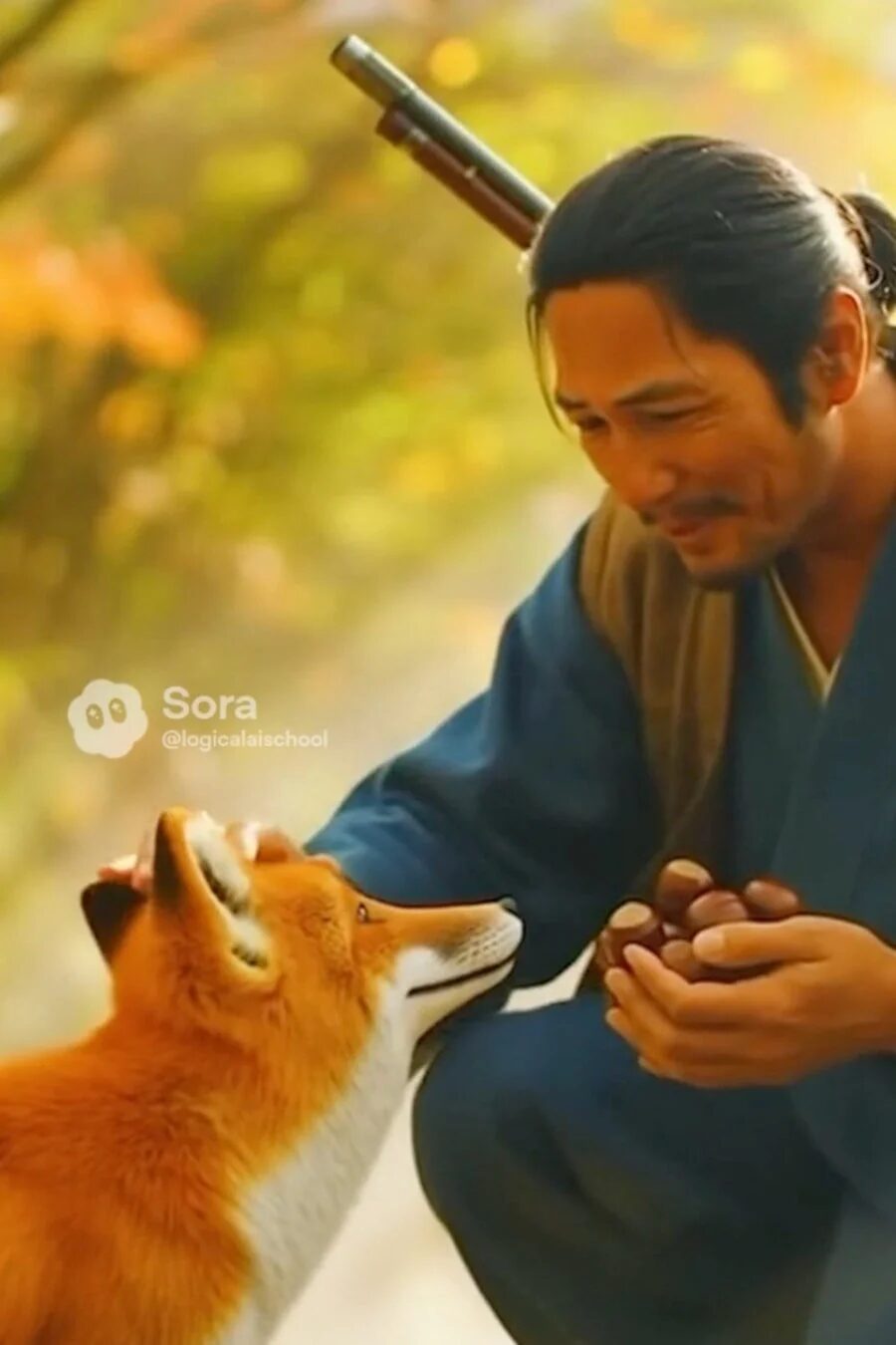 秋の美しい自然の中で、和服を着た男性が優しくキツネの頭を撫でています。男性の手には栗が握られており、人間と動物の温かい触れ合いが描かれた心和む一枚です。