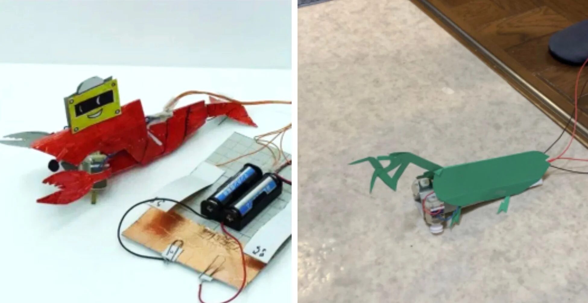 手作りのエビ型とカマキリ型ロボット