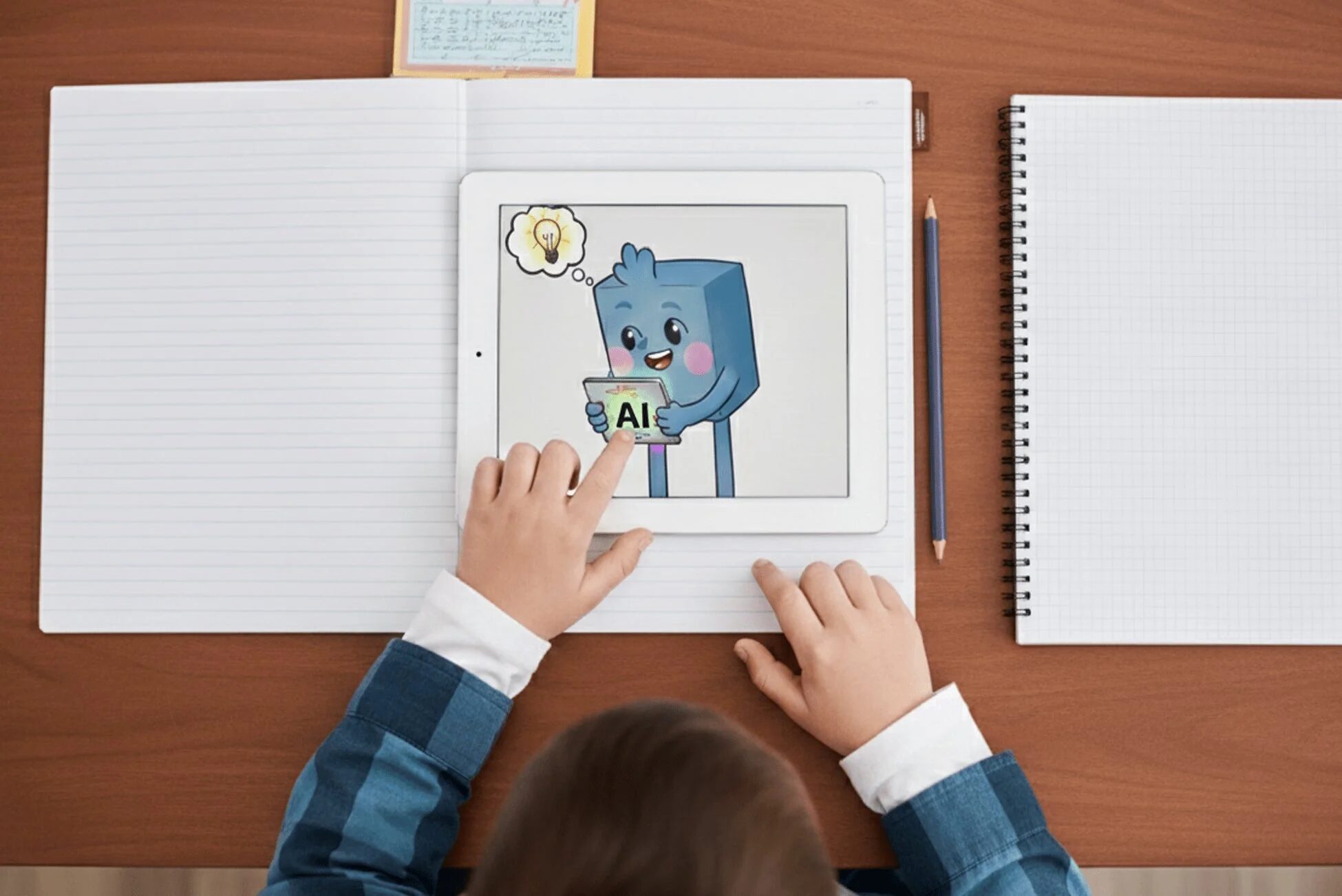 タブレットを操作しAIのキャラクターを見ている子供