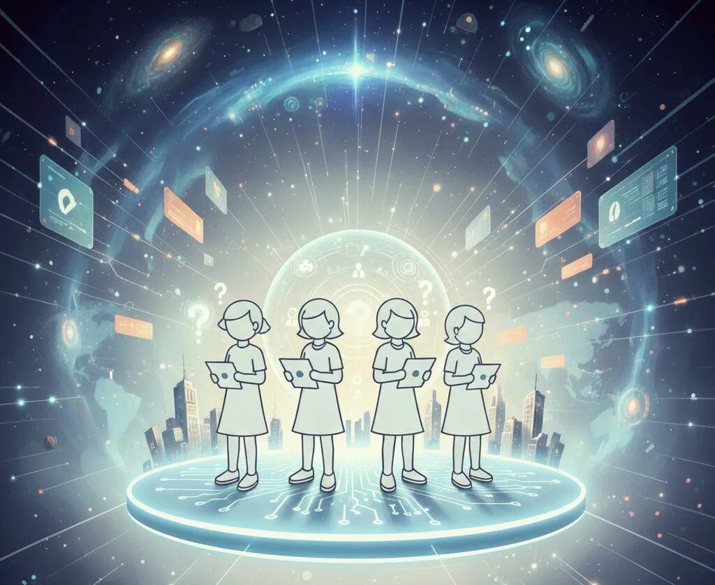 タブレットを持つ人々が未来的なデジタル空間に立つイラスト