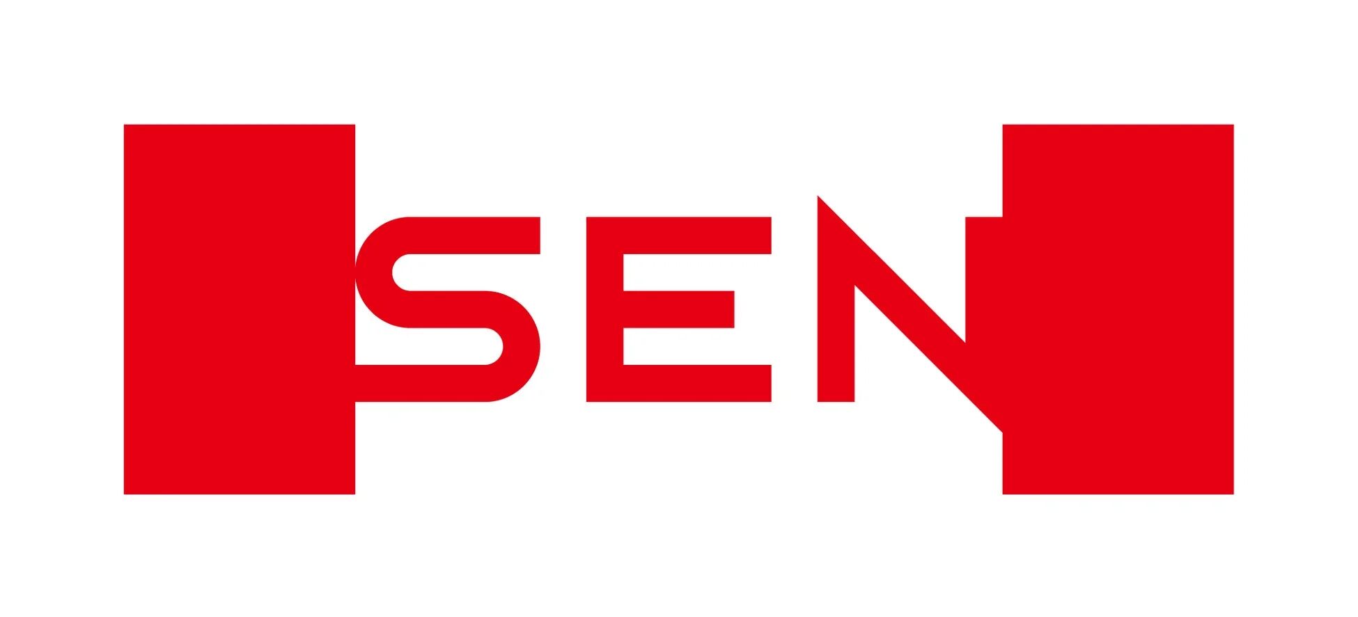 赤い文字「SEN」が中央に配置され、その両端には赤い長方形の要素が組み合わされたシンプルなロゴデザインです。