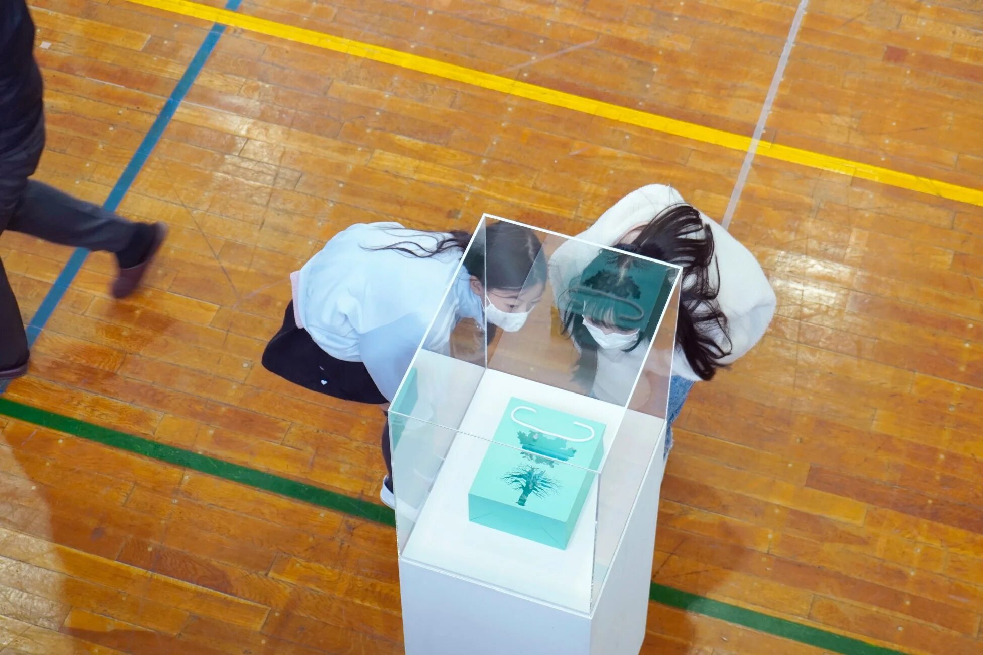体育館での展示風景、上空からの視点