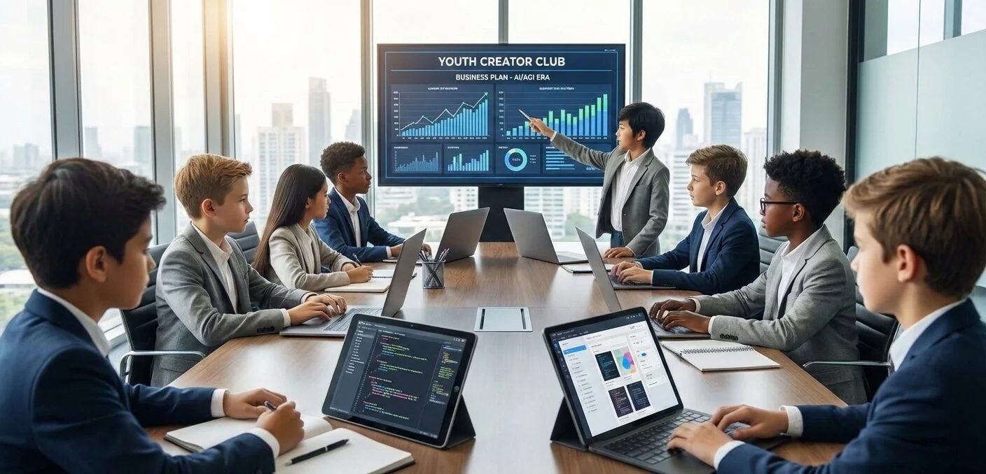 子どもたちがスーツを着て会議室でビジネスプランのプレゼンテーションを行っている様子