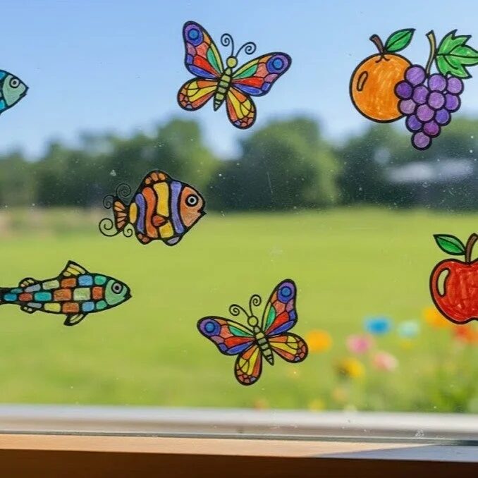 窓に貼られたステンドグラスシール