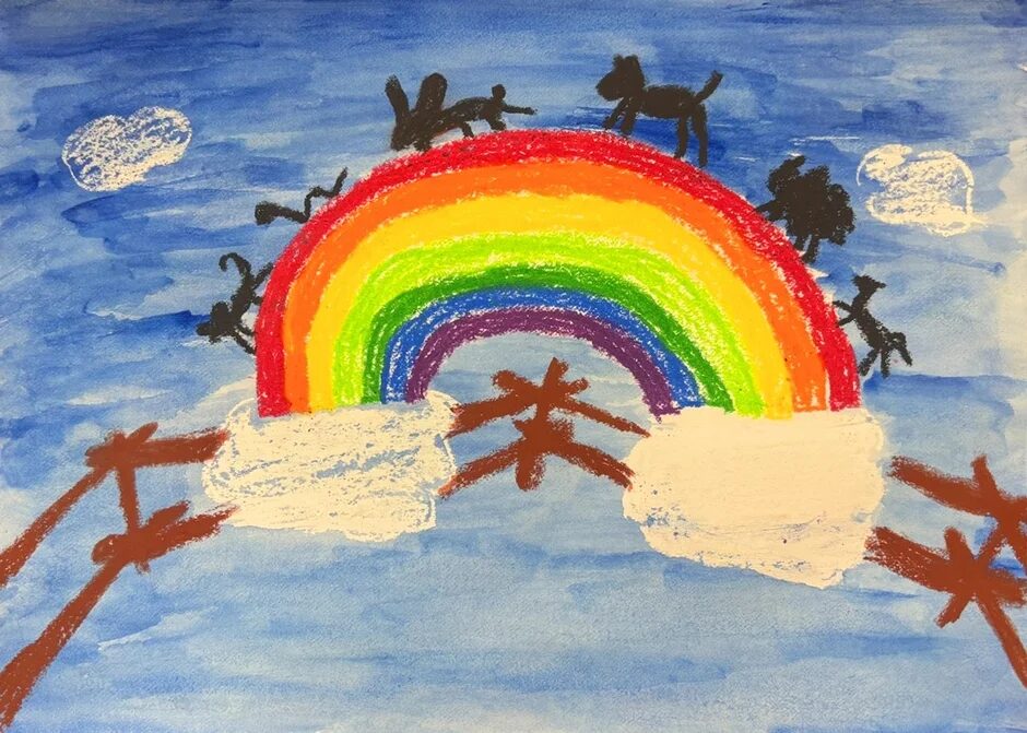 虹と動物が描かれた子供の絵